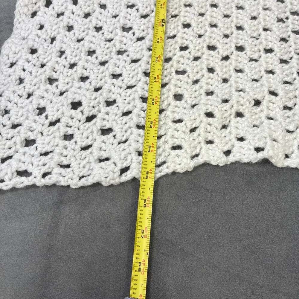 White Ivory Striped Fringed Hand Crochet Couch Throw Lap Blanket Afghan 78x55